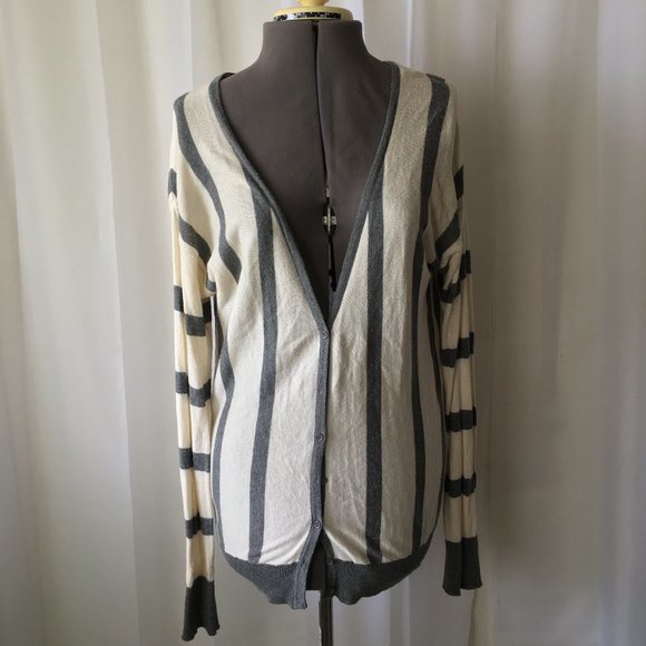 Forever 21 Vertical Stripe Cream and Grey Cardigan - Picture 1 of 6